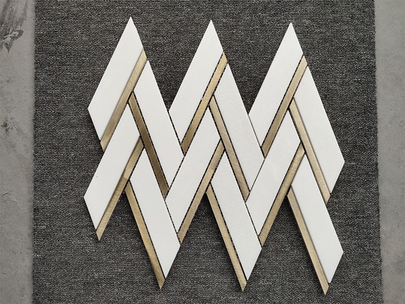 Thassos White Marble Mixed Gold Chevron Herringbone Mosaic