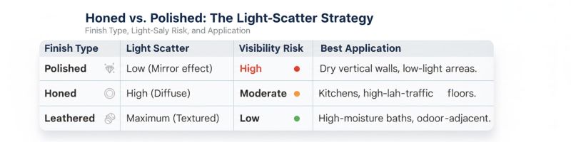 Comparison of honed, polished, and leathered stone finishes