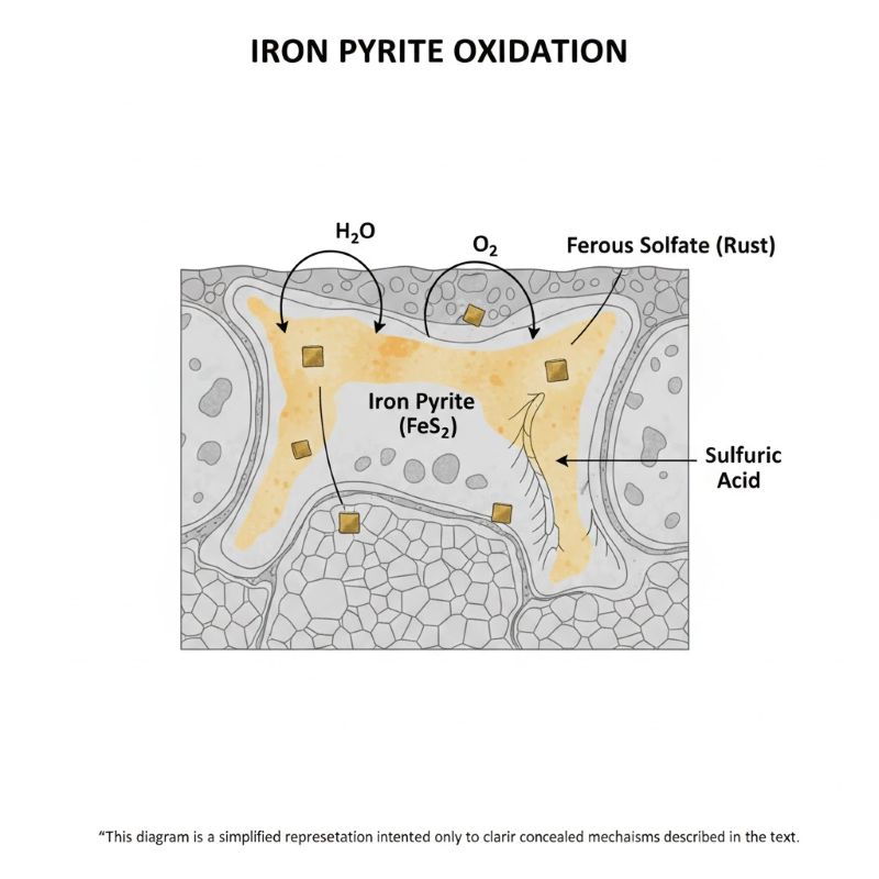 Diagram illustrating iron pyrite oxidation causing yellow marble staining