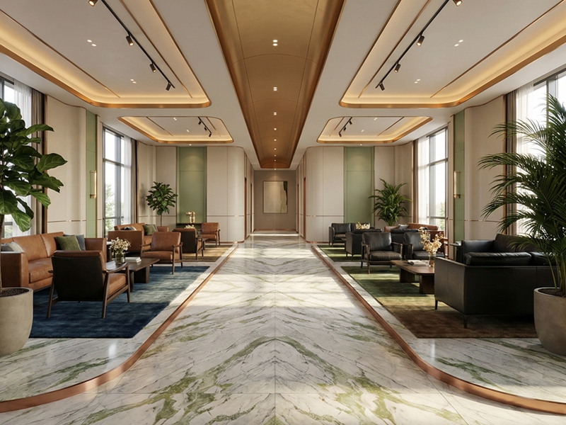 Bookmatched Fendi Green Marble Lobby Flooring