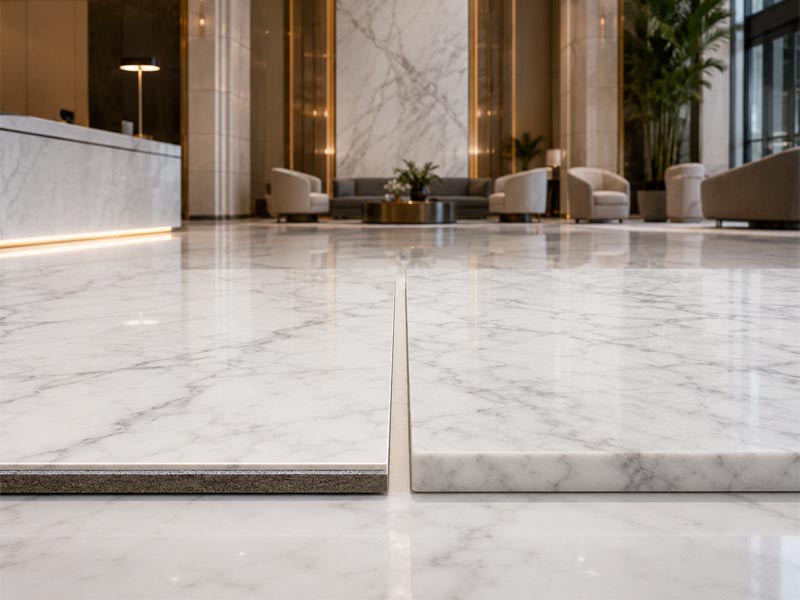 Thin marble panel beside solid marble flooring