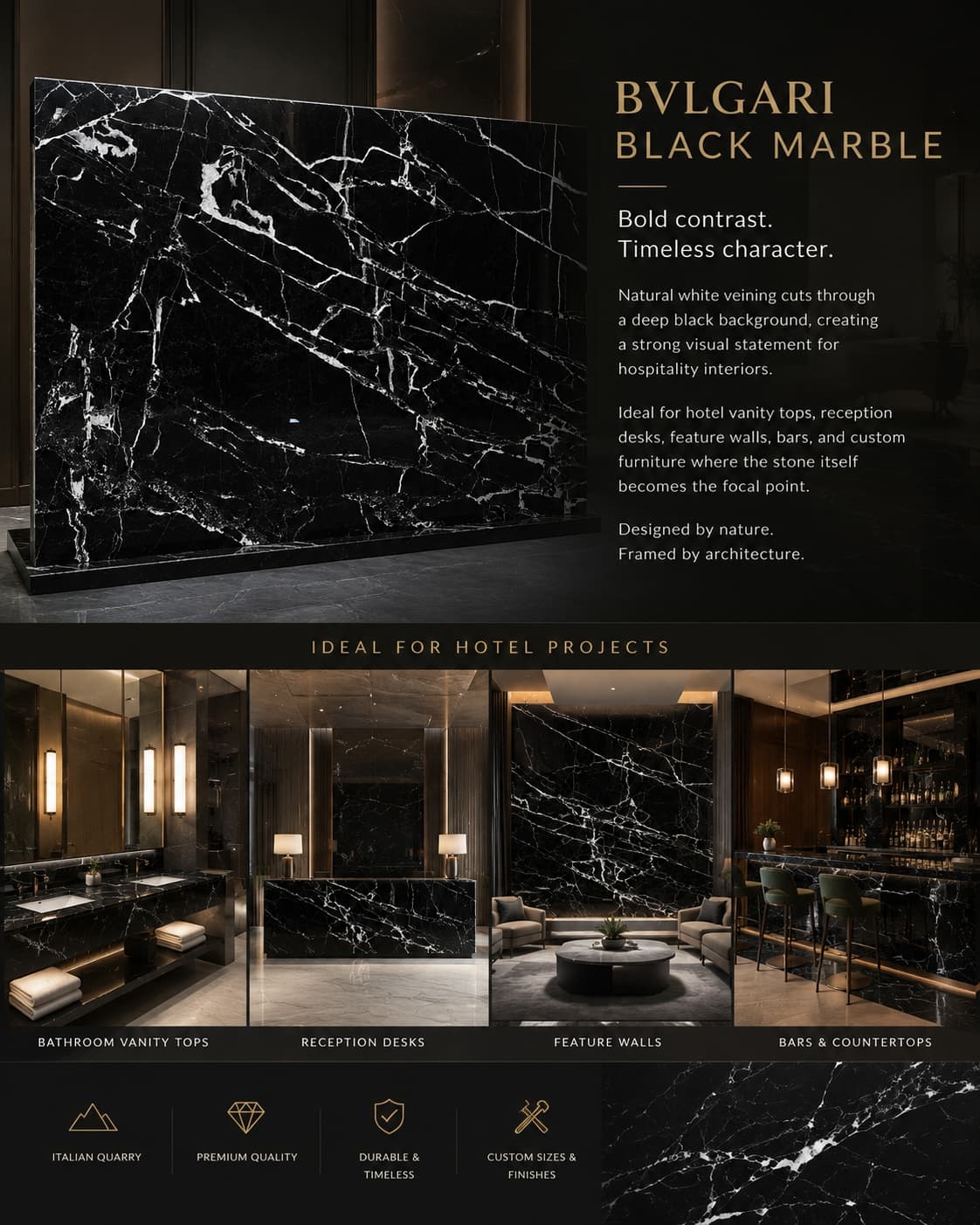 Advantages Dramatic black-white contrast instantly upgrades space to opulent, high-class style; perfectly matches gold, brass, dark wood and neutral paint tones Low water absorption resists daily water stains and oil marks better than many light-colored marbles Timeless design fits modern, minimalist, neoclassical and Italian luxury styles