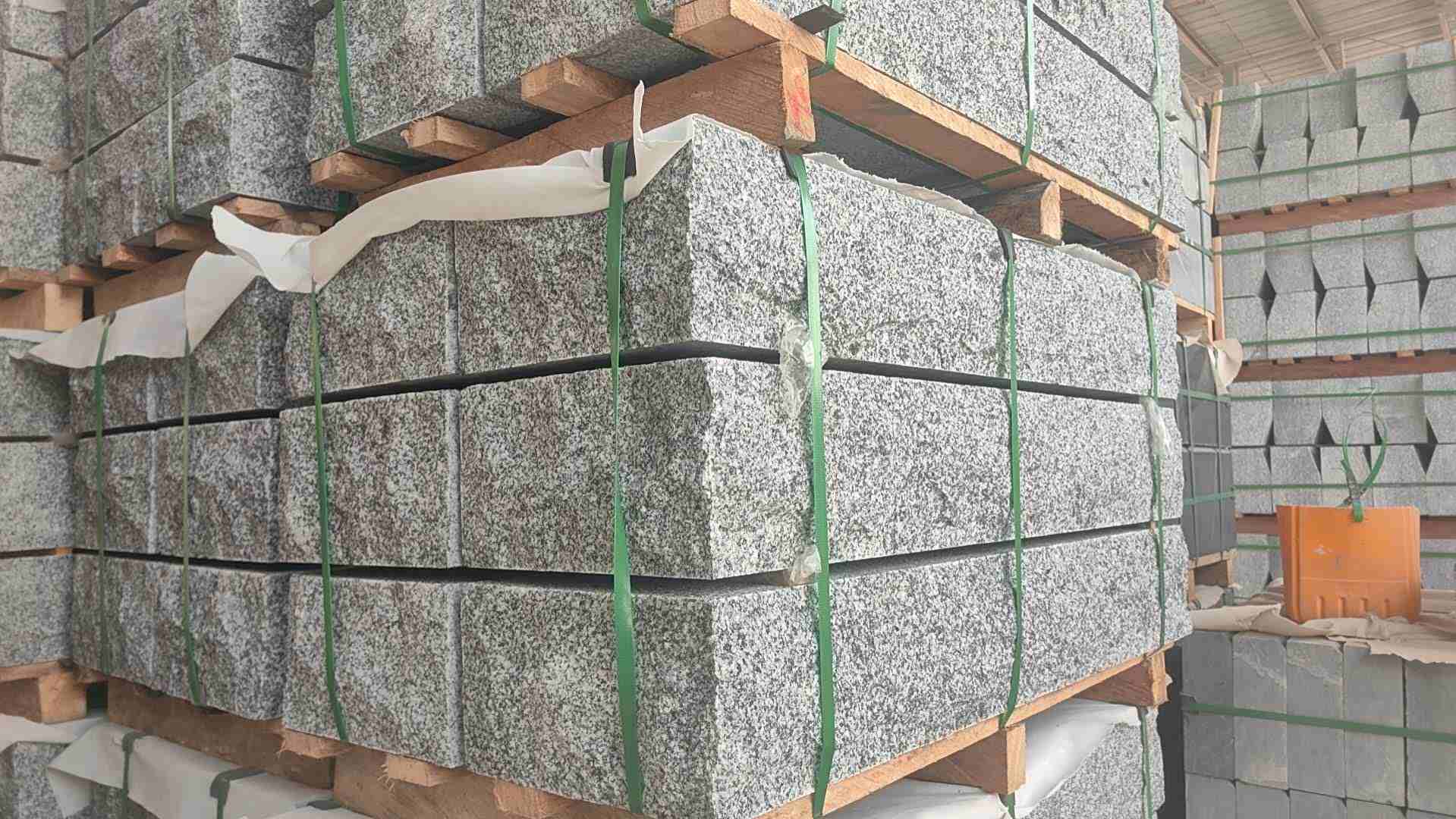 Finished Tema Grey granite steps and treads prepared for quality review
