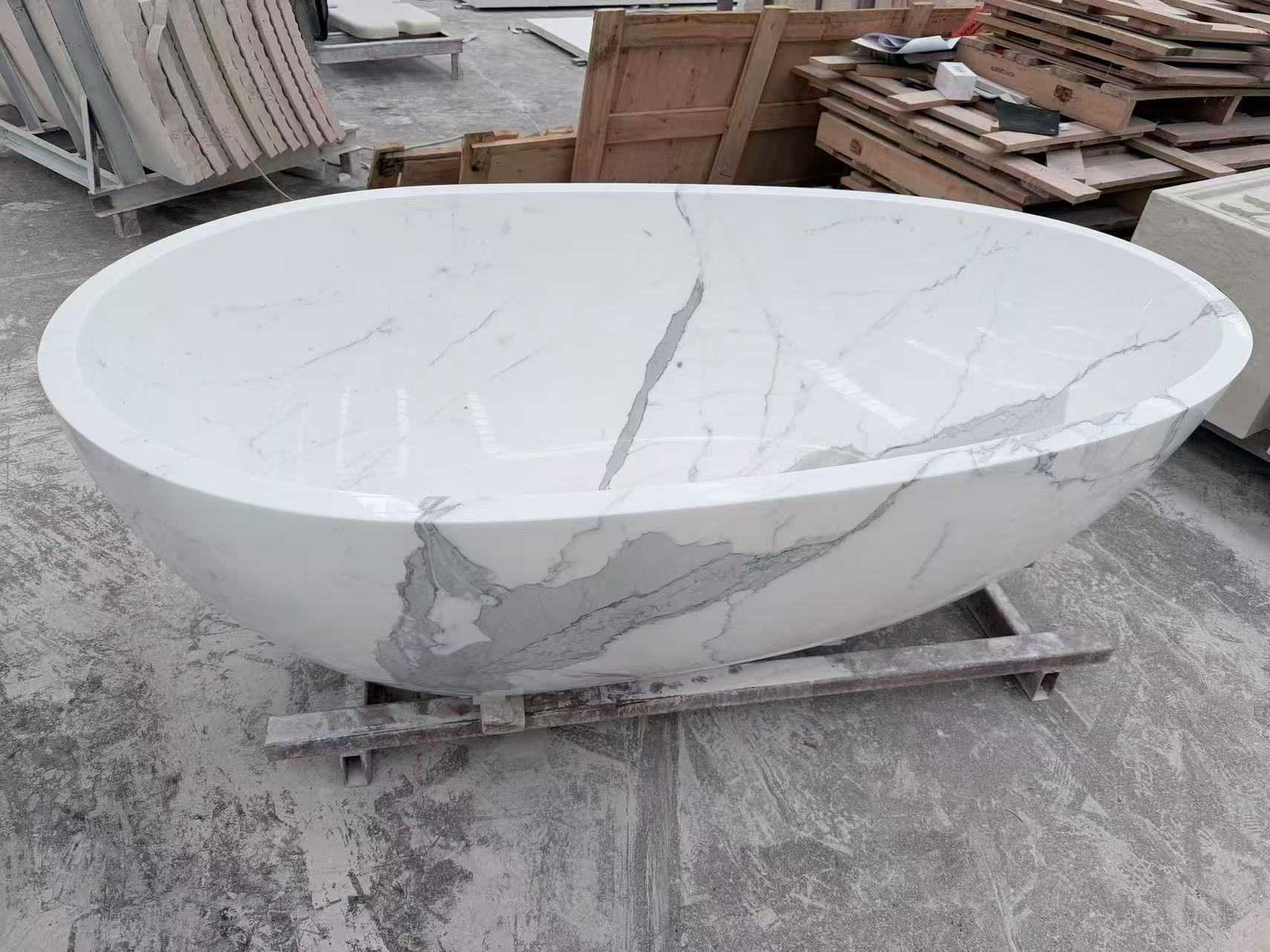 Custom Calacatta White marble bathtub with grey veining side view