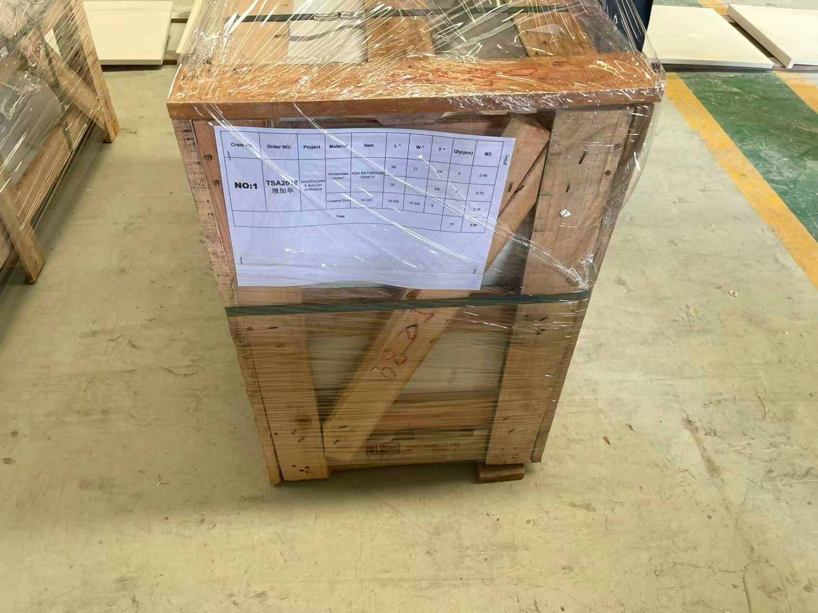 Shipping marks on the side of a marble export packing crate
